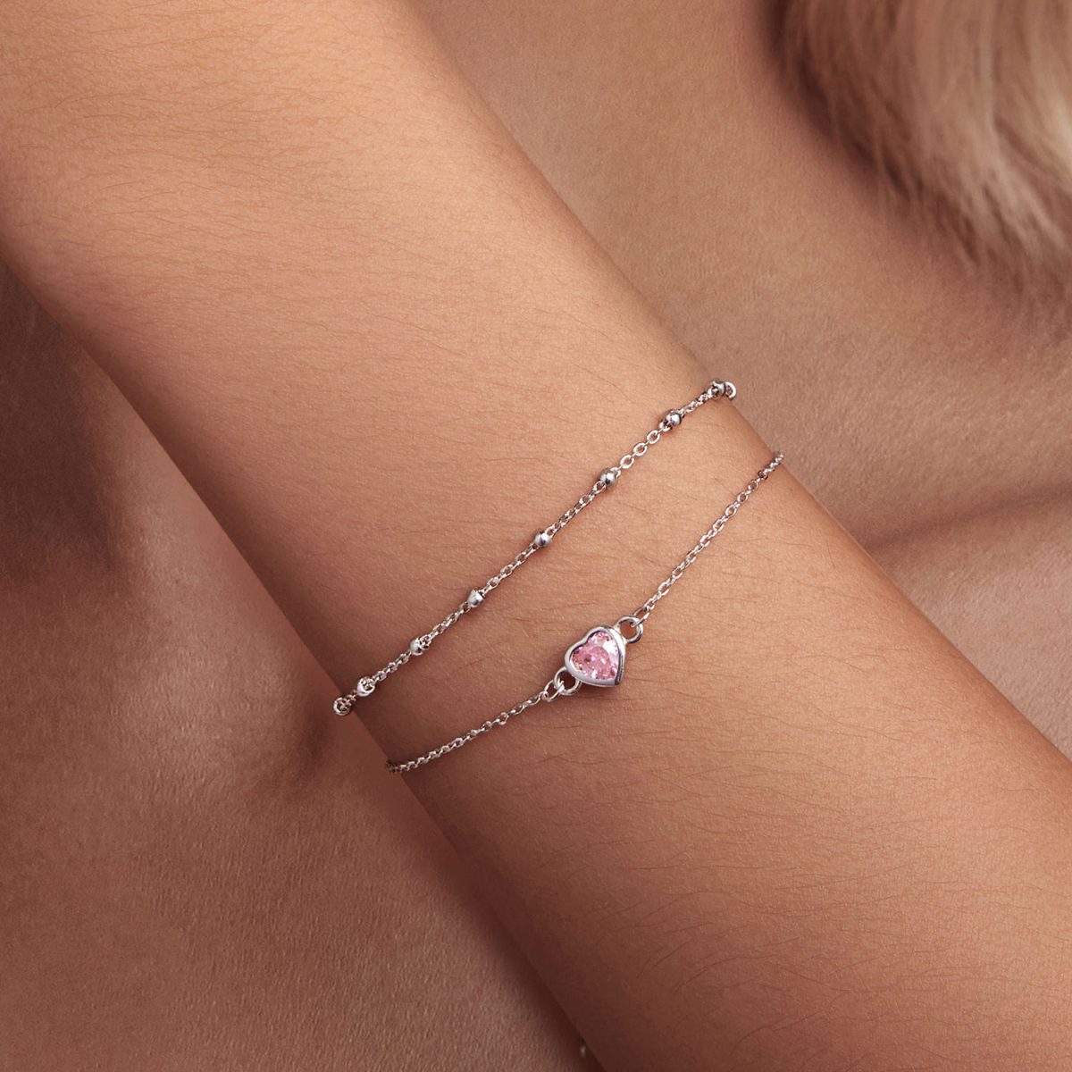 Pink Heart Double Layer Chain Bracelet - Image 2
