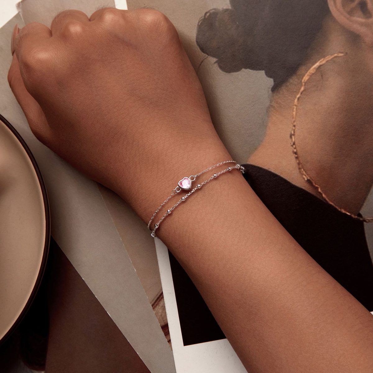 Pink Heart Double Layer Chain Bracelet - Image 3