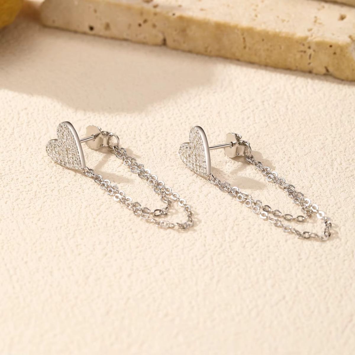 Double Chain Heart Stud Drop Earrings - Image 3