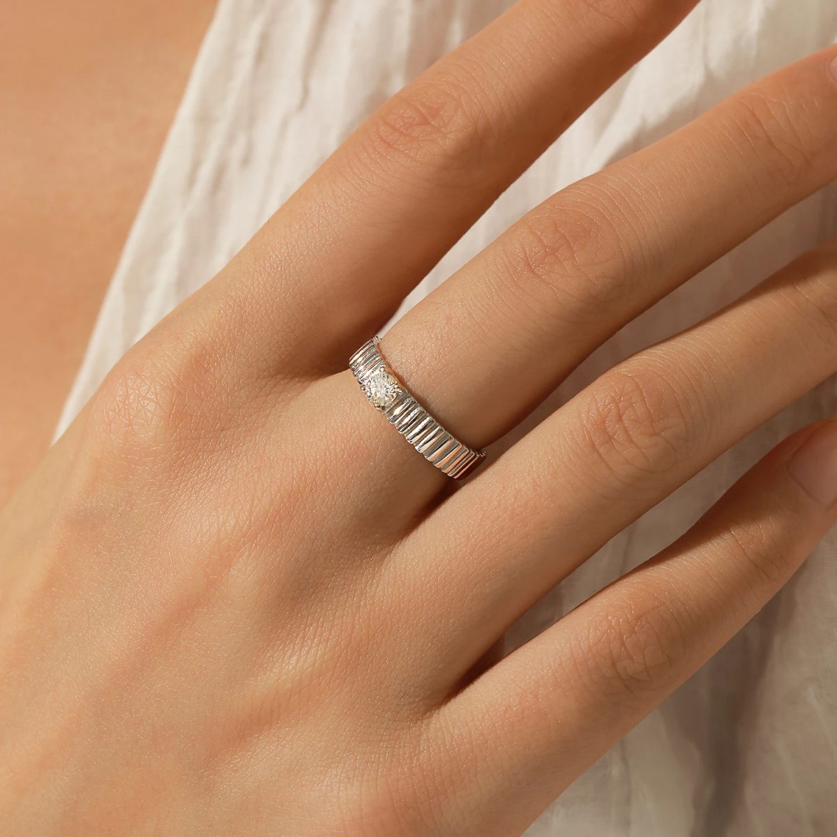 Ribbed Band Moissanite Solitaire Ring - Image 2